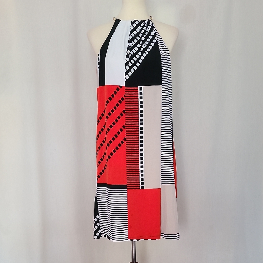 Calvin Klein Red/Black/White/Cream Colorblock Necklace Embellished Dress
